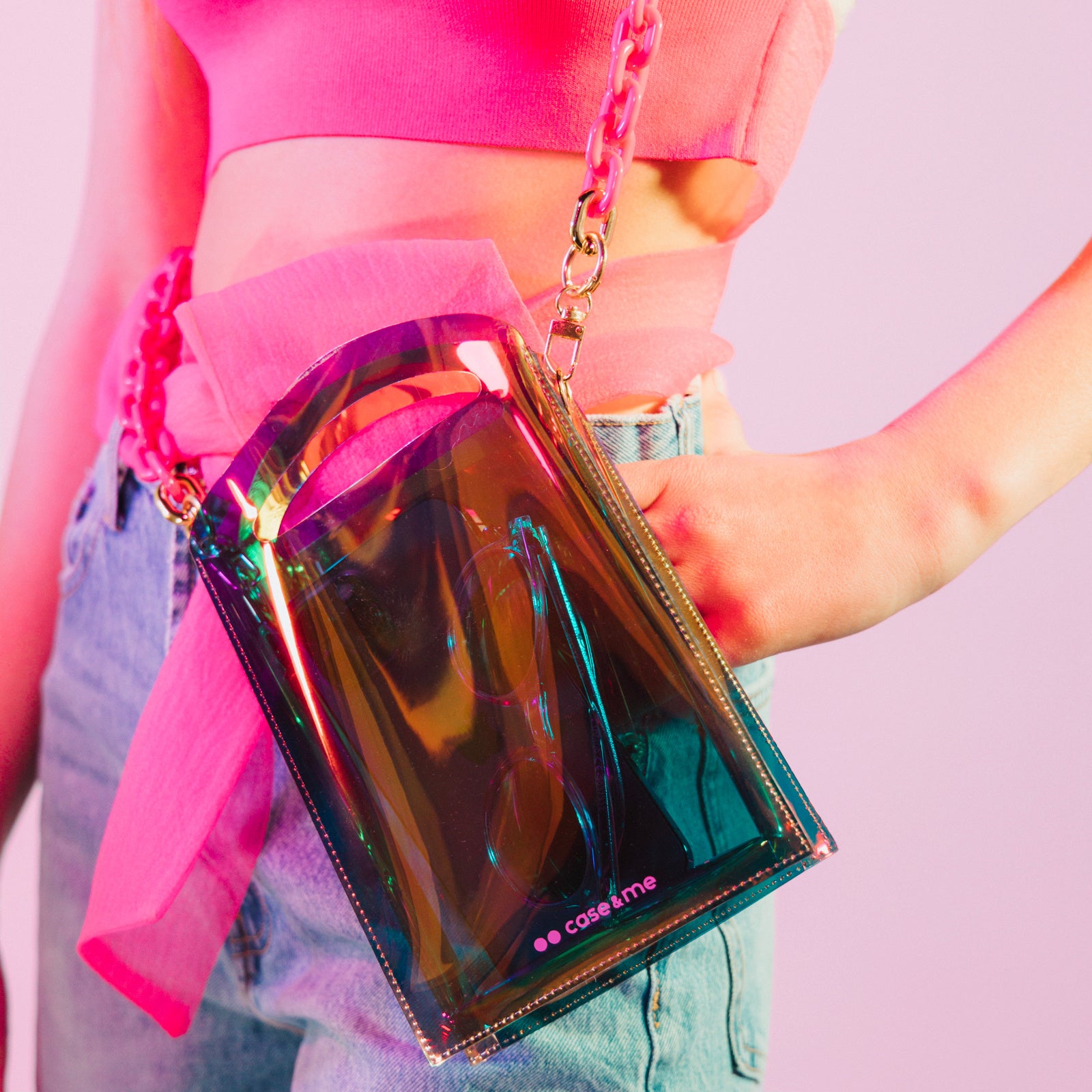 Iridescent shoulder bag for mobile phones and storage with chain